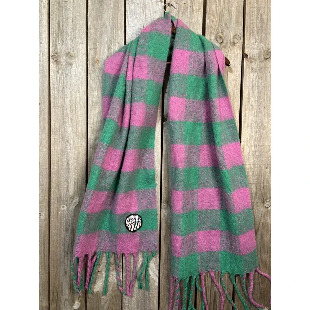 H&M Cosmic‎ Youth Oversized Plaid Blanket Scarf Pink Green Fringe